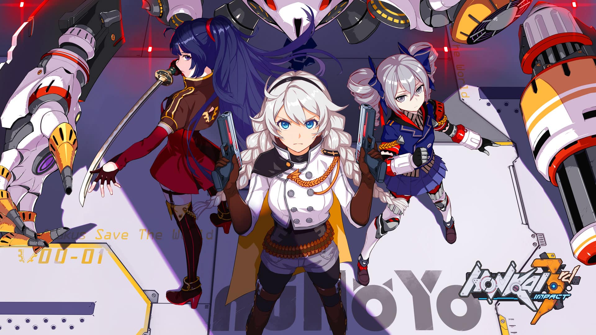 artwork de honkai impact 3rd avec kiana, mei et bronya